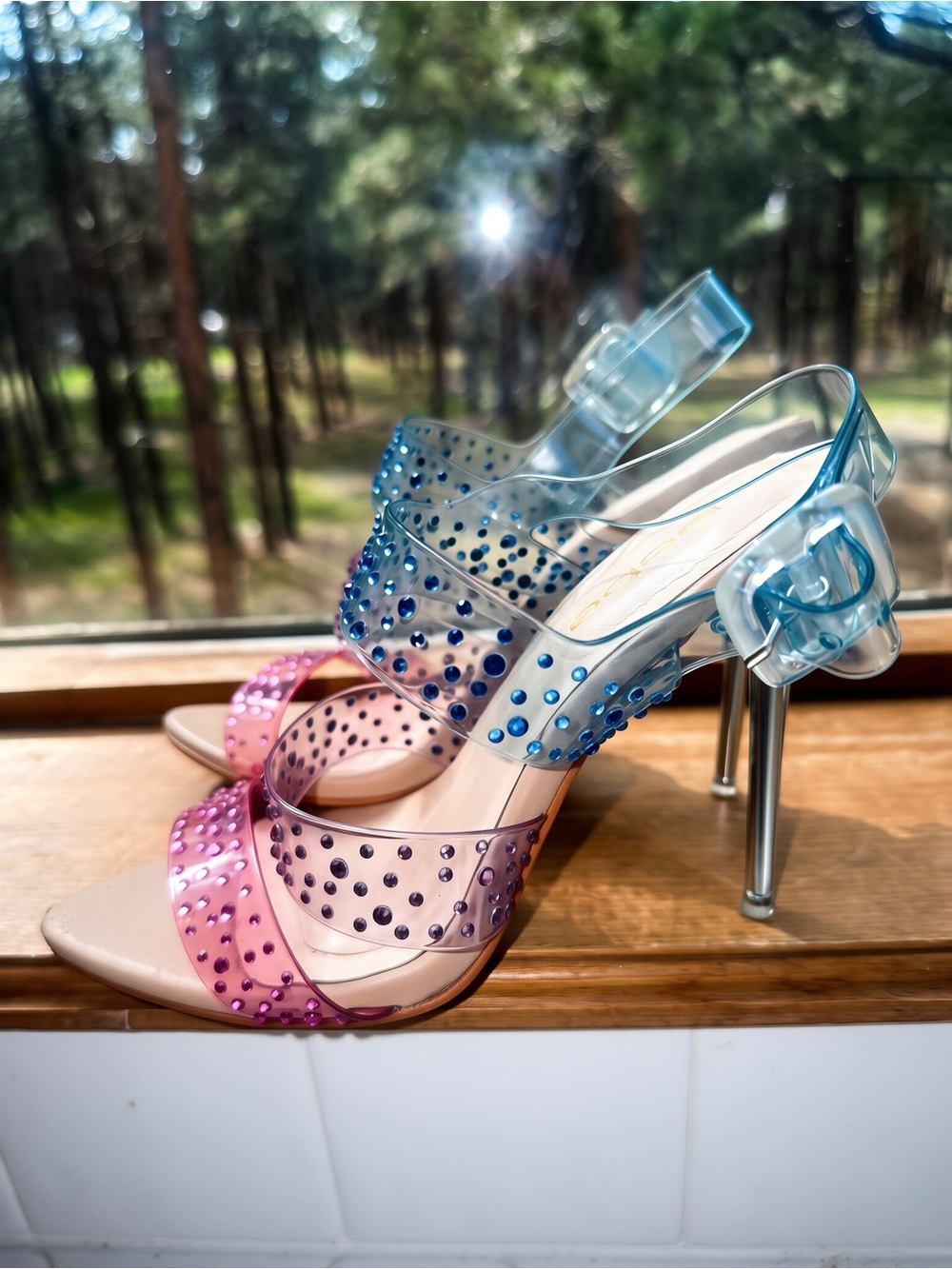bebe Pink and Blue Studded Clear High-Heel Sandals